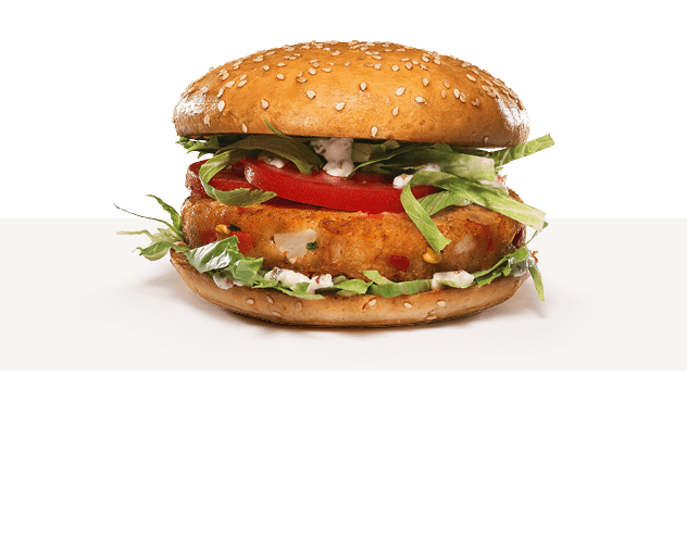 Leckerer Burgerme-Burger mit knusprigem Patty, frischem Salat und saftigen Tomaten auf einem Sesambrötchen.