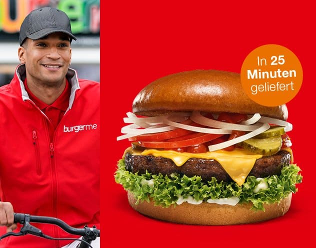 Burgerme Lieferfahrer und saftiger Cheeseburger auf rotem Hintergrund mit dem Hinweis In 25 Minuten geliefert.